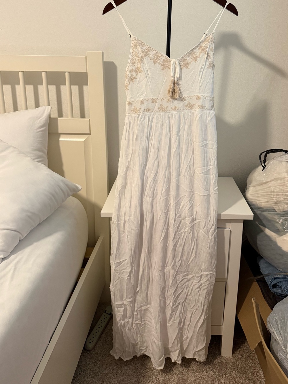 Forever 21 White Maxi Dress with Beige Embroidery